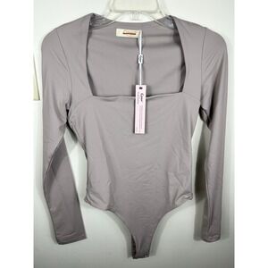 Qinsen Romantic Square Neck Bodysuit Taupe Knit Stretch Womens M Feminine Sleek